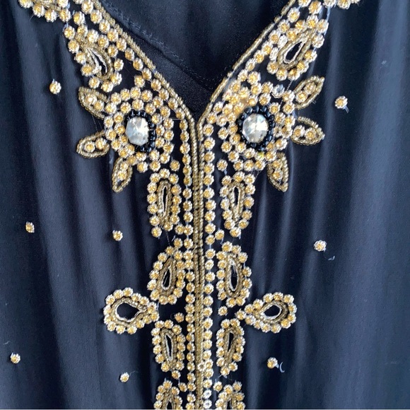 XL‎ Modest Ethnic Abaya Kaftan Maxi Evening Dress Muslim Black Gold Beaded - Picture 15 of 16